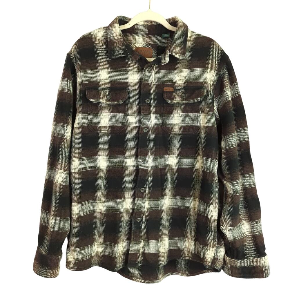 Orvis Shacket Mens Large Brown Plaid Cotton Flannel Shirt Jacket Pockets